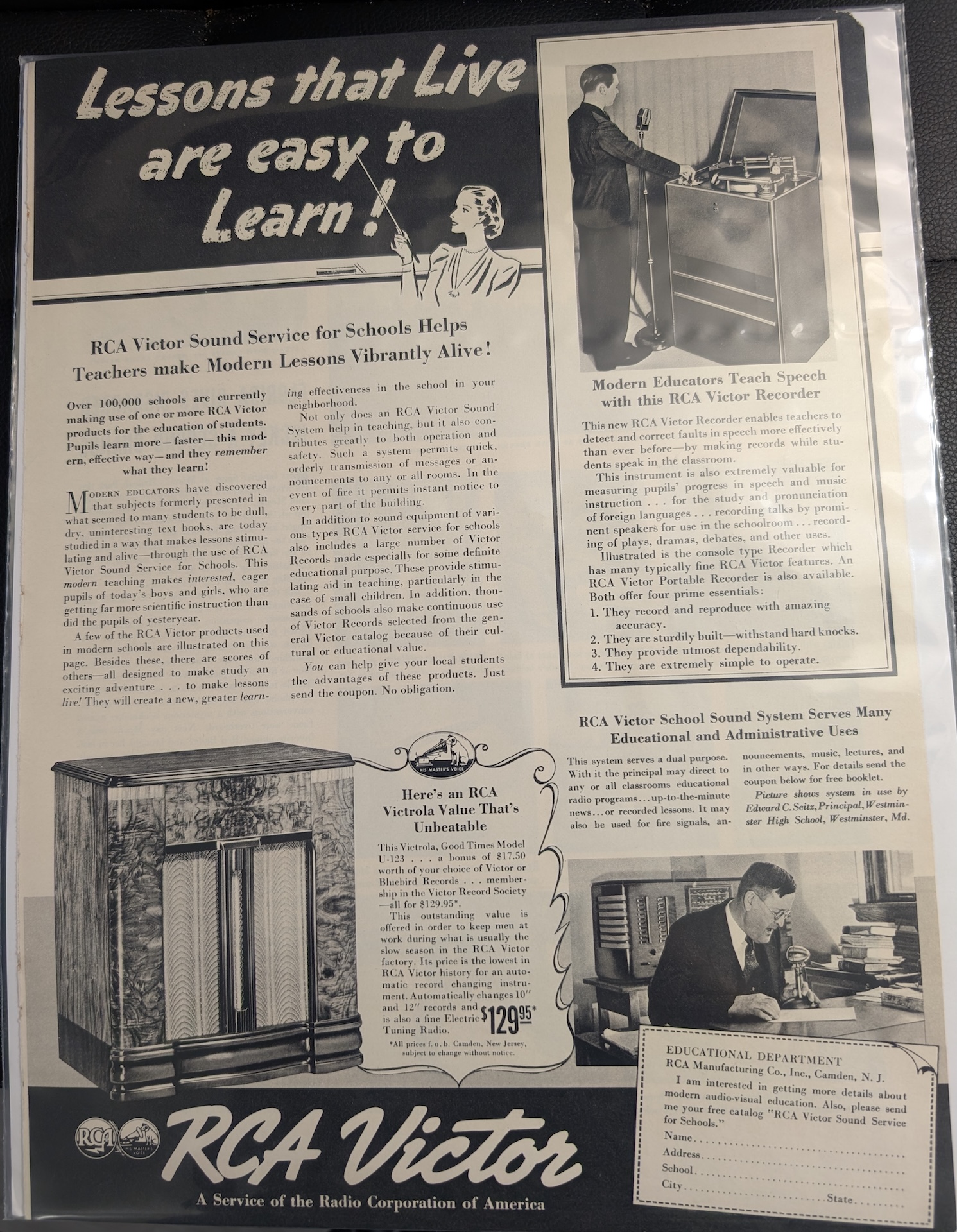 RCA Victor Sound Service for Schools advertisement from LIFE magazine, March 6, 1939